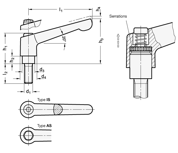 Adjustable Stainless Steel Hand Levers with threaded stud GN 300.5 sketch
