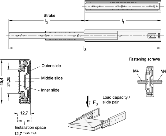 Stainless Steel Telescopic Slides GN 1450 sketch