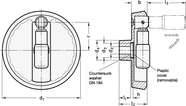 Handwheels with Retractable Handle plastic coated  handle swivelling GN 923.7 sketch