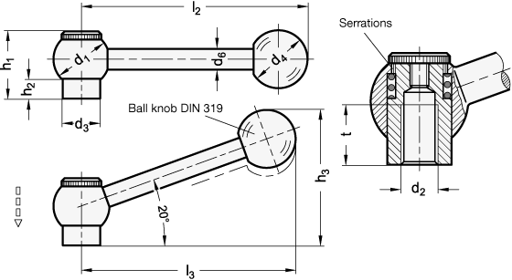 Adjustable Clamping Levers with threaded insert  steel  blackened GN 6337.3 sketch
