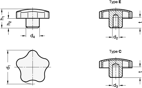 Stainless Steel Star Knobs matte shot blasted GN 5334.4 sketch