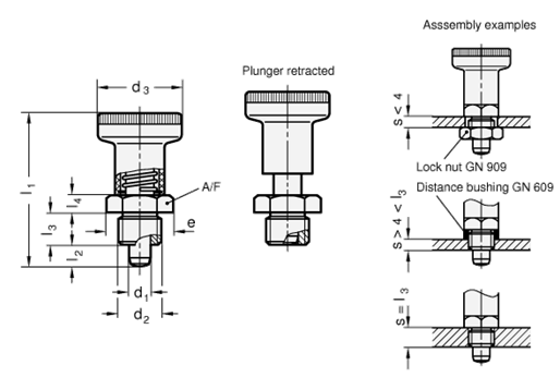 Indexing Plungers steel  blackened  knob plastic  black GN 607 sketch