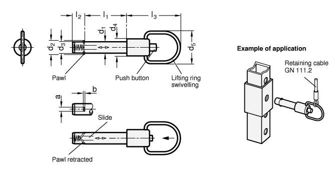 Stainless Steel Locking Pins with axial lock  slide Stainelss Steel GN 214.6 sketch