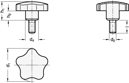 Stainless Steel Star Knobs with Threaded Stud matt shot  blasted GN 5334 sketch